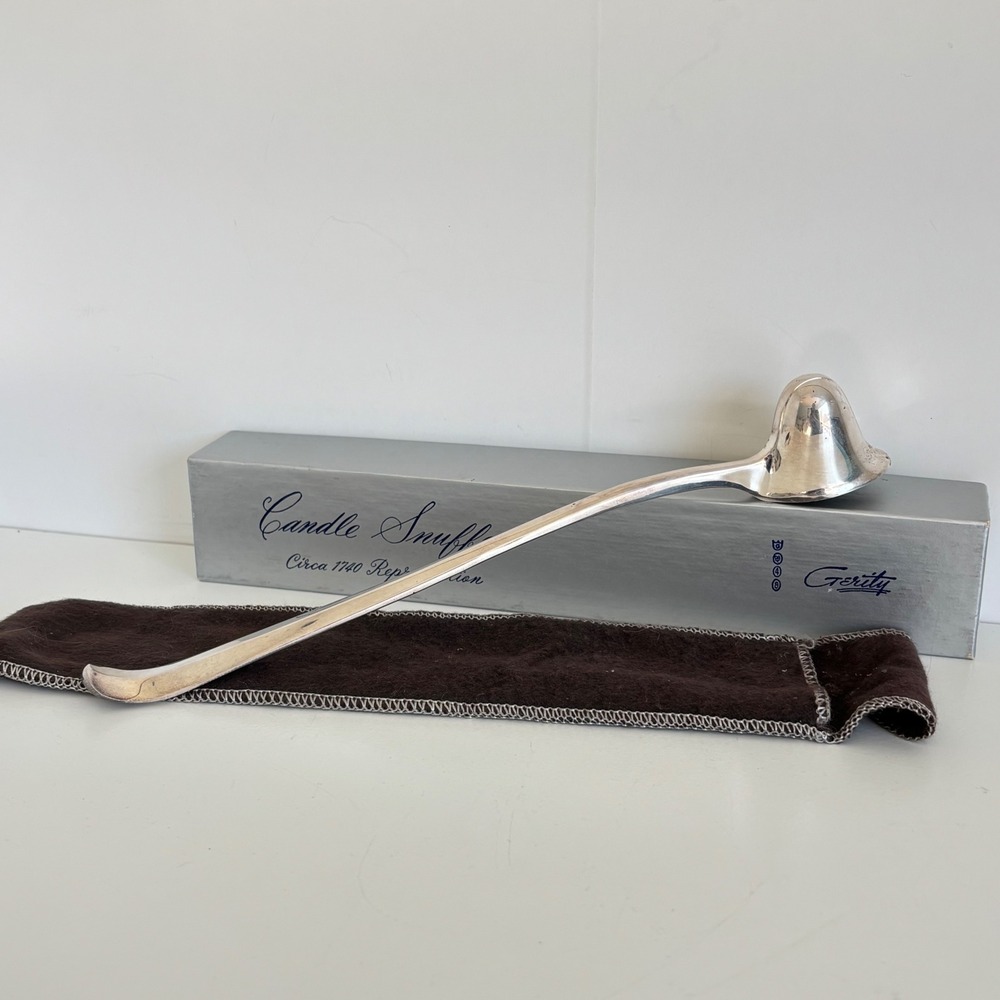 Vintage Silverplate Candle Snuffer Circa 1740 Reproduction Box and Pouch 9"